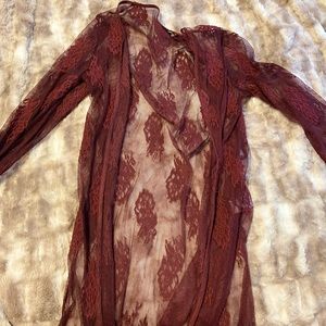 maroon laced kimono